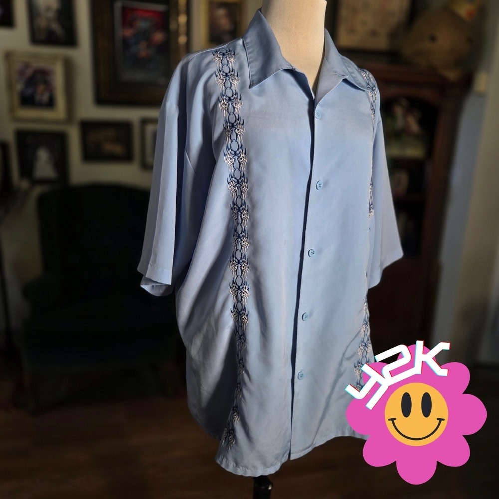 Vintage Y2K Dragonfly Clothing Company Mens XL Blue Tribal Embroidered‎ Shirt